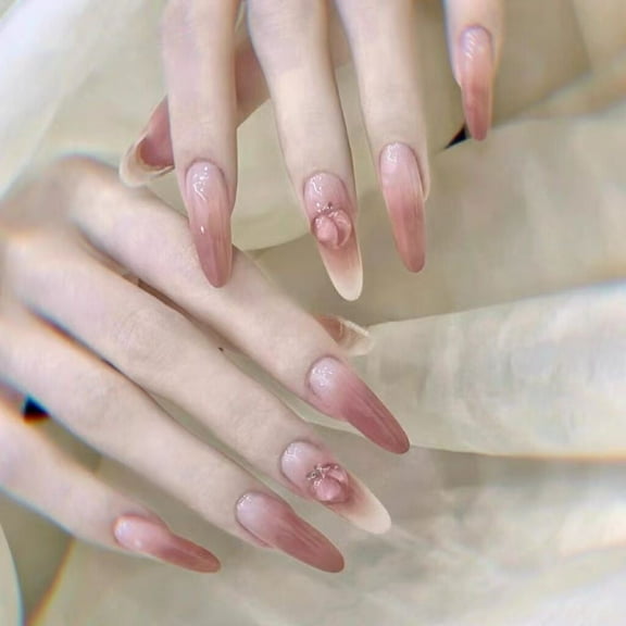 10Pcs Long Almond False Press on Nails Ice Clear Peach Fingertip Pink Fake Nails
