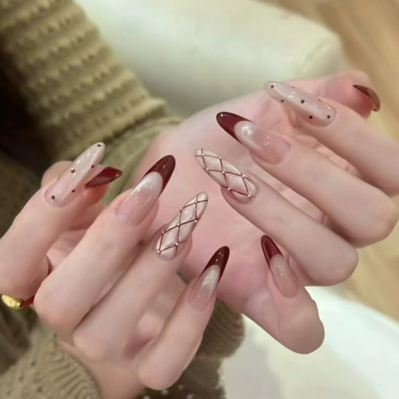 10Pcs Long Almond False Press on Nails Red French Rhombus Grid Flash Fake Nails