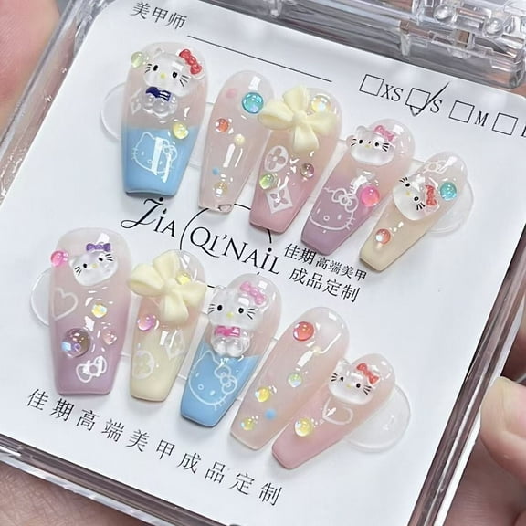 10Pcs Long Coffin False Press on Nails 3D Dopamine Kawaii Kitty Cat Fake Nails