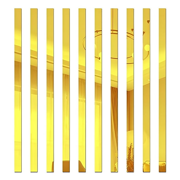 10Pcs Long Mirror Stickers Long Strip Mirror Decals DIY Plastic Mirror Tiles Self-Adhesive Mirror Wall Stickers for Living Room Kitchen Balconies Home Furniture and Wall Decoration 50cmx5cm Golden