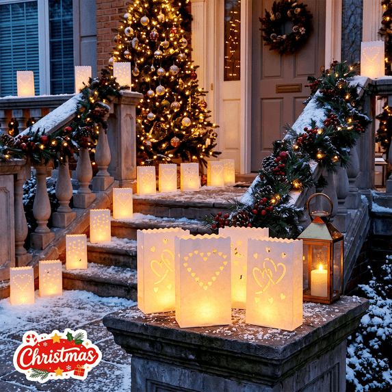 10Pcs Luminaries Bags with Flameless Candles, Heart Cutout Paper Candle Bags, Christmas Figurines Decoration, Xmas Indoor Outdoor Decor for Porch Mantel Yard Floor