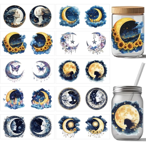 10Pcs Magic Fantasy Moon UV DTF Cup Wrap Transfer Sticker 10 Styles Mysterious Moon Transfer Paper Rub on Stickers PVC Cup Wrap Waterproof Rub Decals