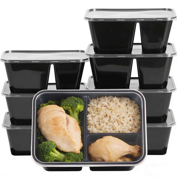 10Pcs Meal Prep Containers with Lids, 32oz Reusable 2 Compartment Food Storage Containers for Lunch or Takeaway, Plastic Disposable Bento Box To Go Take Out, Microwave Freezer Dishwasher Safe