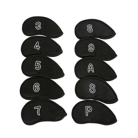 10Pcs Meshy Golf Iron Head Covers Set Black 3,4,5,6,7,8,9,A,S,P Golf Iron Headcovers Golf Iron Covers Set Fits Most Clubs Golf Gears