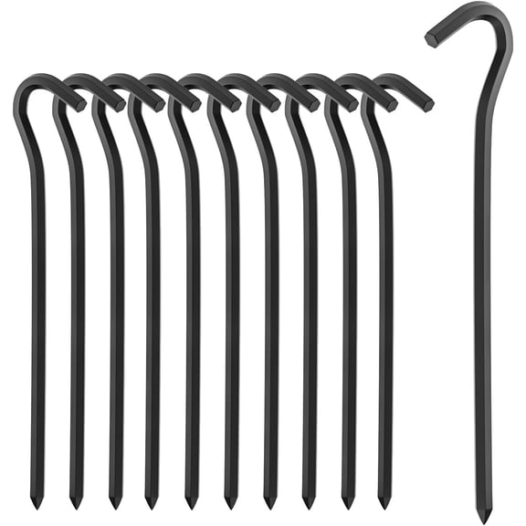 10Pcs Metal Tent Pegs with Hooks. 7 inches Durable Garden Stake Ground Anchors Awning Metal Hooks. Heavy Duty, Waterproof & rustproof, Ideal for Camping, Yard Decor, Picnic & tarp(Black)