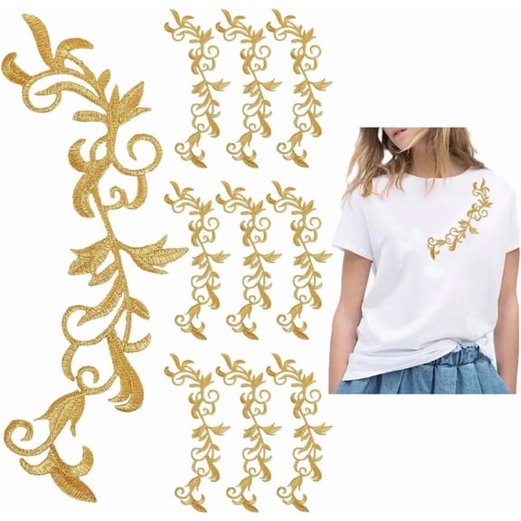 10Pcs Metallic Embroidered Iron on Patch Gold Long Leaf Embroidery Applique Metallic Floral Boho Trim Fringe Leaves Patch
