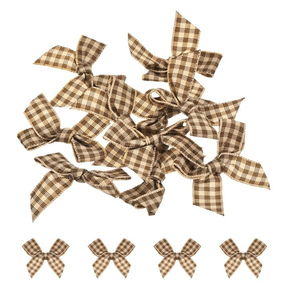 10Pcs Mini Gingham Ribbon Bow 1.5" Checkered Fabric Satin Ribbon Bows for Craft Brown and Light Yellow