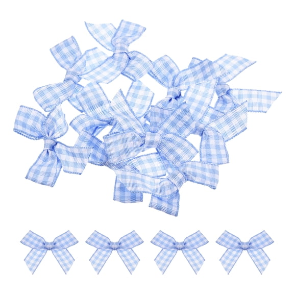 10Pcs Mini Gingham Ribbon Bow 1.5" Checkered Fabric Satin Ribbon Bows for Craft Light Blue and White