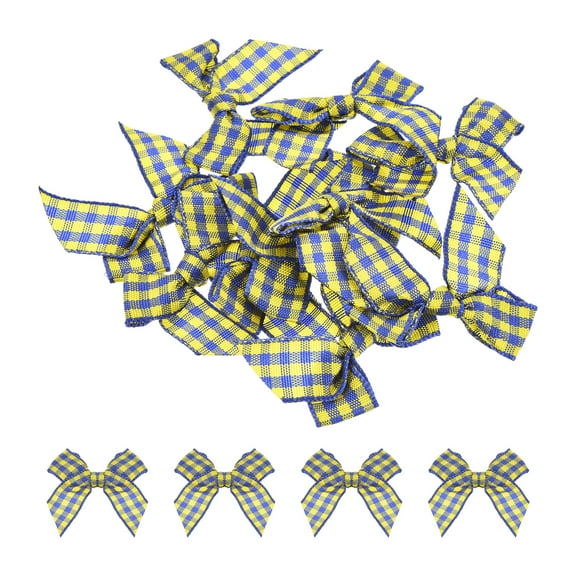 10Pcs Mini Gingham Ribbon Bow 1.5" Checkered Fabric Satin Ribbon Bows for Craft Light Blue and Yellow