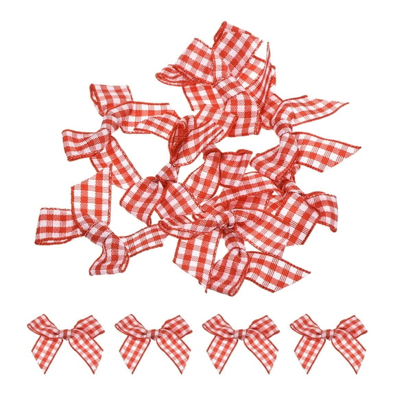 10Pcs Mini Gingham Ribbon Bow 1.5" Checkered Fabric Satin Ribbon Bows for Craft Red and White