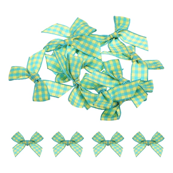 10Pcs Mini Gingham Ribbon Bow 1.5" Checkered Fabric Satin Ribbon Bows for Craft Sky Blue and Yellow
