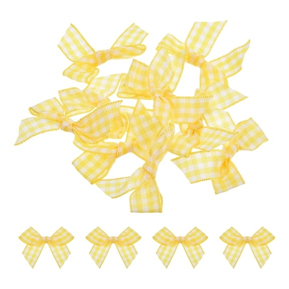 10Pcs Mini Gingham Ribbon Bow 1.5" Checkered Fabric Satin Ribbon Bows for Craft Yellow and White