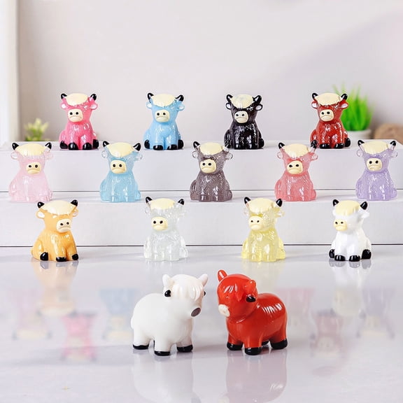 10Pcs Mini Highland Cow Figurine Resin Miniature Sitting Highland Cattle Statue Animals Collectible Sculpture Desktop Decoration Ornament