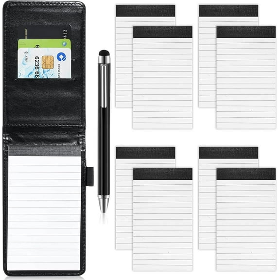 10Pcs Mini Pocket Notepad Holder Set,Leather Pocket Notebook with Pen,Durable Cover,8Pcs 3"x5" Memo Book Refills with 30 Lined Paper Per Note Pad,Leather Notepad Pocket Business Notebook,Black