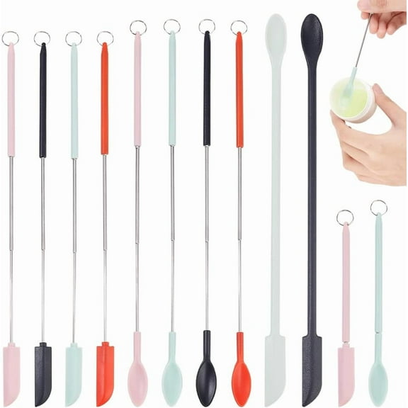 10Pcs Mini Silicone Spatula Set Silicone Retractable Spatula Tiny Silicone Spoon Spatula with Iron Split Ring Adjustable Mini Spatula for Kitchen Cooking Cosmetic Jars Bottles 4Colors