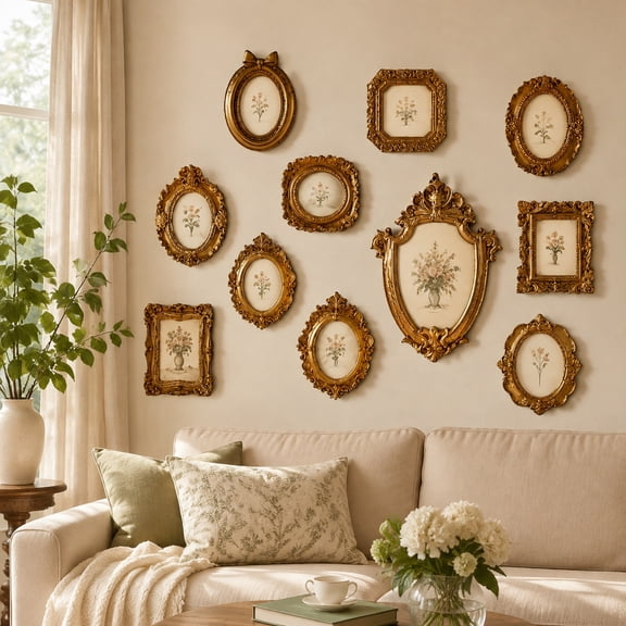 10Pcs Mini Vintage Picture Frames, Gold Baroque Resin Frames with Backing and Hanging Rope, Small Ornate Wall Frames for Wedding Decor and Home Display