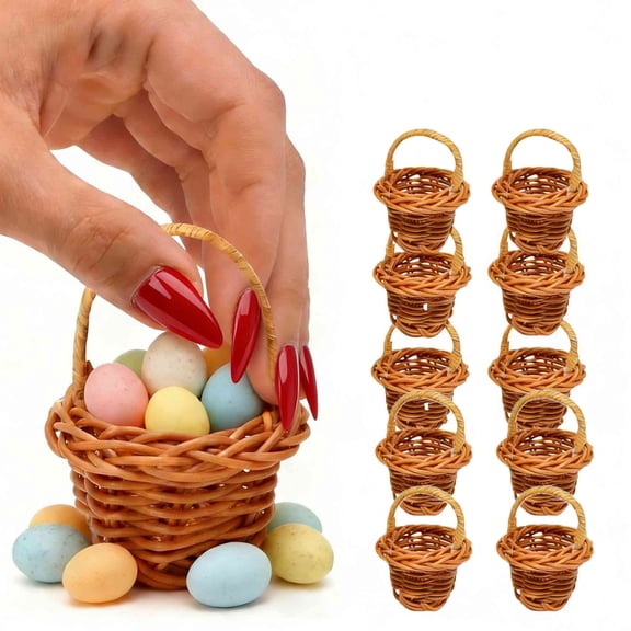 10Pcs Mini Woven Basket, 1.77 x 2.36in Small Easter Wicker Baskets with Handle Bulk for Favors, Home and Office Decor for and Floral Arrangements,Brown