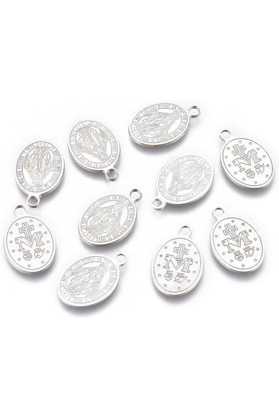 10Pcs Miraculous Medal Pendants 13.5x8.5x0.6mm Oval Miraculous Medal Charms Pendants 304 Stainless Steel Metal Laser Cut Pendants Stainless Steel Color With 1.5mm Hole