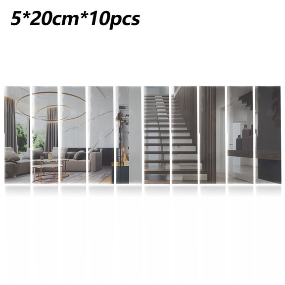 10Pcs Mirror Tiles, 2''x8''Mirror Tiles Self Adhesive Stripe Wall Mirror Stickers (Not Glass) Removable Long Acrylic Frameless Mirror Sheets for Home Living Room Bedroom DIY Decor