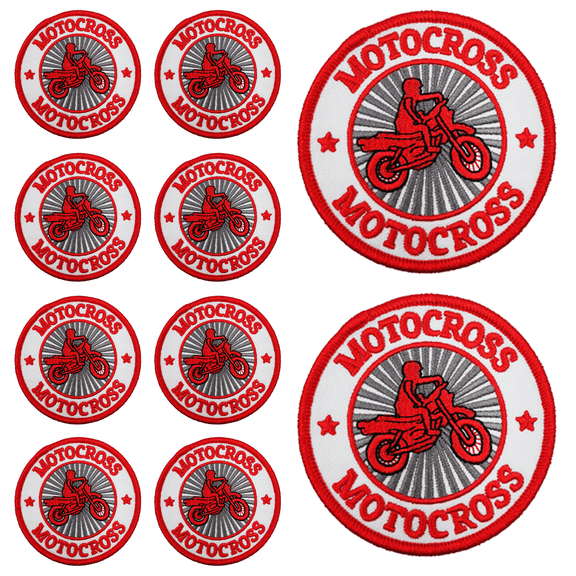 10Pcs Motocross Red White Round Embroidered Patch with Hook and Loop Backing, Dirt Bike Rider Applique Badge for Vests, Jackets, Backpacks, and Clothing