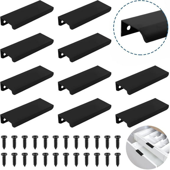 10Pcs Mount Finger Edge Pull Handles,Happon Black Aluminum Hidden Concealed Tab Pulls,Furniture Drawer Handles for Home Kitchen Door Drawer Cabinet Knobs Wardrobe, 150mm/5.9"
