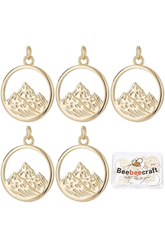 10Pcs Mountain Charms 18K Gold Plated Brass Flat Round with Alps Mountain Dangle Pendants with Jump Ring for Jewelry Making Necklace Bracelet DIY Crafts