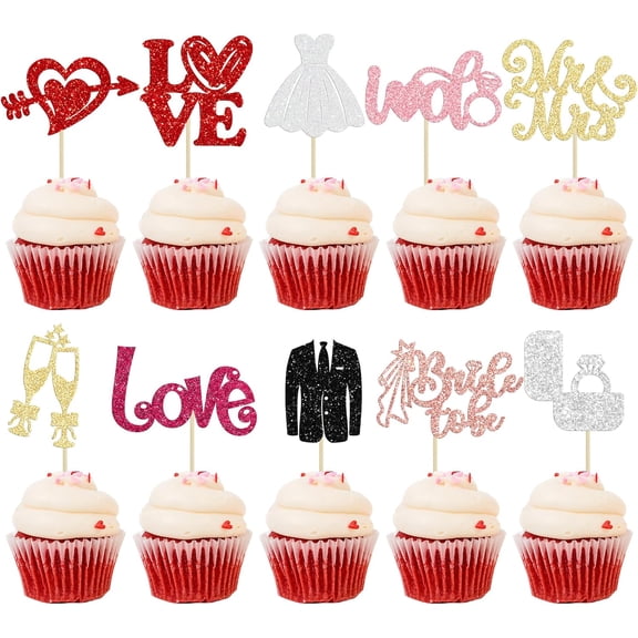 10Pcs Multi-Color Glitter Wedding Cupcake Toppers, "Love, Mr & Mrs" Picks for Bridal Shower Party Cake Decorations