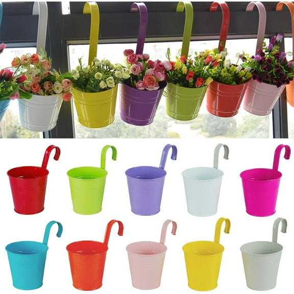 10Pcs Multicolor Metal Iron Flower Pots,Railing Tin Flower Bucket,Fence Hanging Planter,Round Plant Container with Removable Hook,for Balcony Garden Home Decoration (Random Color)