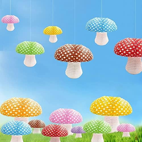 10Pcs Mushroom Paper Lanterns for Forest Jungle Wonderland Themed Birthday Party Decor Hanging 3D Mushroom Ornament Backdrop Decorations for Fairy Baby Shower Nursery Garden Wedding Decor