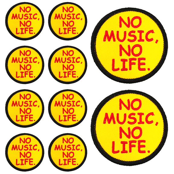 10Pcs No Music No Life Embroidered Patch with Hook and Loop Backing,Music Lover Quote Round Applique Badge for Vests, Jackets, Backpacks, and Clothing