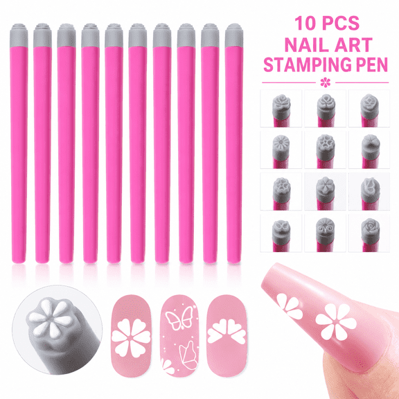 10Pcs Nail Stamp Pen Set, Nail Art Pens Quick Nail Art Tools with 10 Unique Patterns, Flower Butterfly Rose DIY Nail Stamping Pen Kit, Nail Design Tools for Women