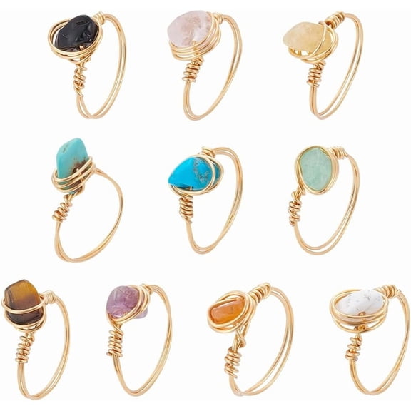 10Pcs Natural & Mixed Stone Finger Ring with Copper Wire Inner Diameter: 17mm 10pcs/set