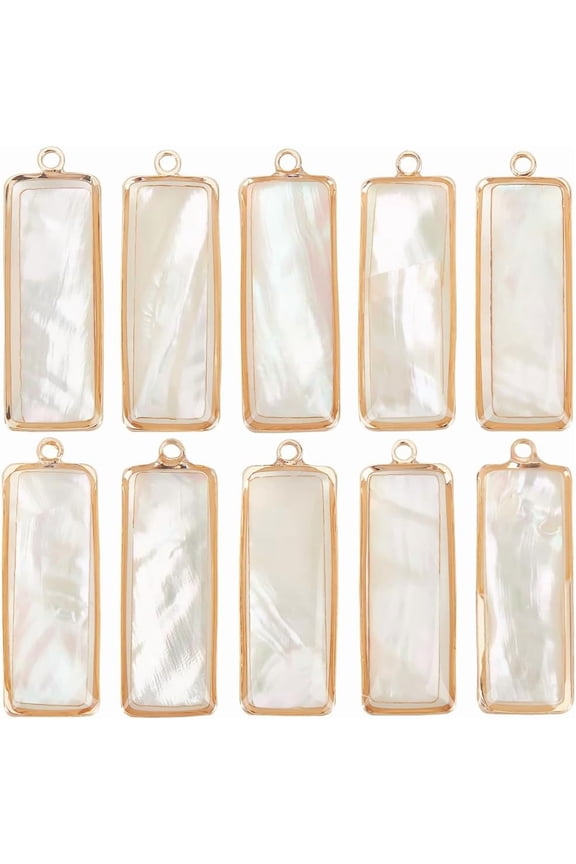 10Pcs Natural Paua Shell/Abalone Shell Pendants Rectangle Charms with Golden Tone Brass Frame White 27x9x4mm Hole: 1.5mm craft