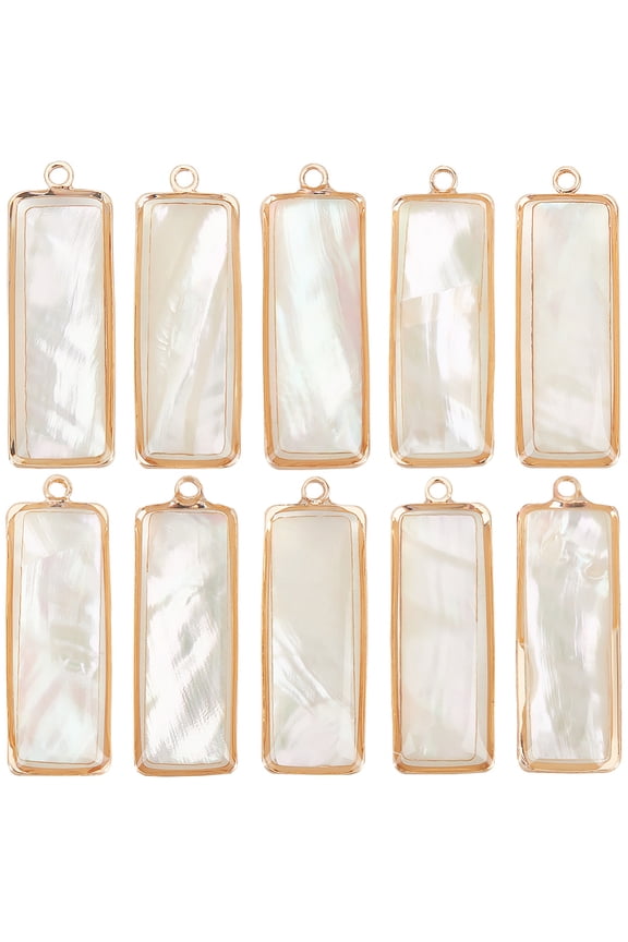 10Pcs Natural Paua Shell/Abalone Shell Pendants Rectangle Charms with Golden Tone Brass Frame White 27x9x4mm Hole: 1.5mm