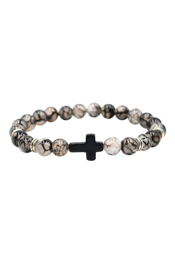 10Pcs Natural Stone Elastic Bracelet, RRJ Valentine's Day Natural Stone Bracelet, Black Cross Elastic Thread Stretch Beaded Bracelet, Healing Crystal Adjustable Wristband for Women Men Couples Gifts