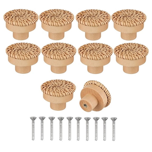 10Pcs Natural Wooden Dresser Knobs Rattan Drawer Door Pulls Furniture Hardware