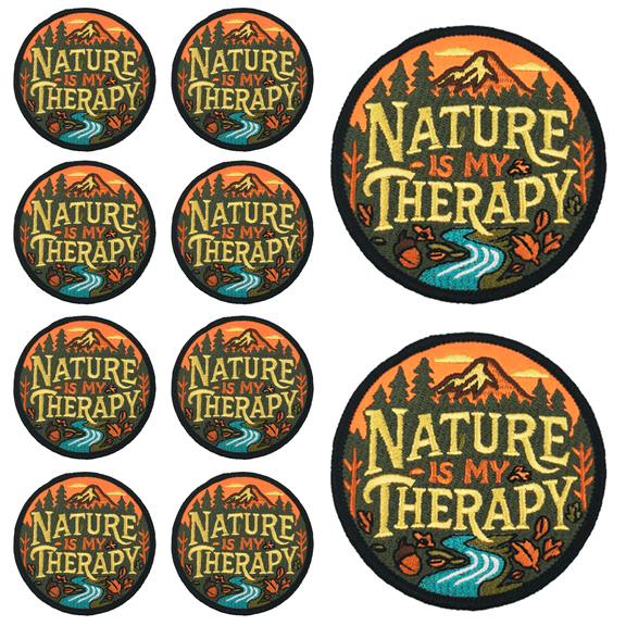 10Pcs "Nature Is My Therapy" Embroidered Patch with Hook and Loop Backing, Outdoor Wilderness uote Applique Badge for Vests, Jackets, Backpacks, and Clothing