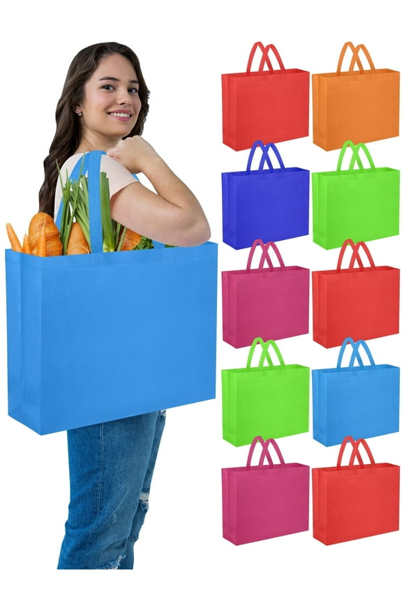 10Pcs Non-Woven Shopping Bags, 19L Reusable Grocery Tote Bags, 18x5x14", Multi-color