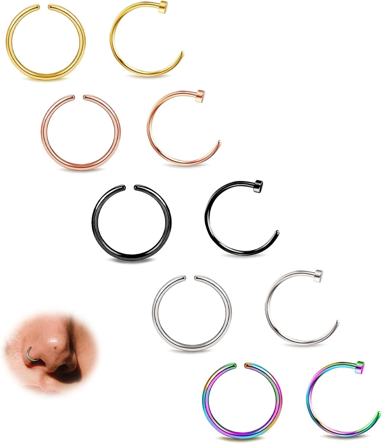 Snug Nose Rings 10Pcs Nose Rings Hoops 316L-22G Septum Rings Bendable Hypoallergenic ...
