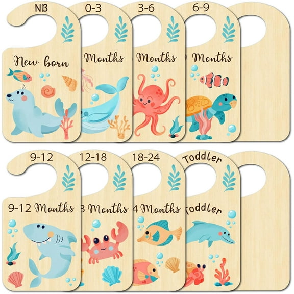 10Pcs Ocean Animal Wood Baby Wardrobe Dividers Clothes Size Dividers Closet Organizers Nursery Decor from Newborn to 36 Month Hanger Baby Infant Wardrobe Divider