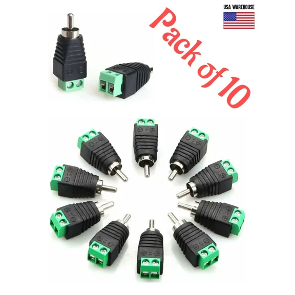 10Pcs Of Speaker Wire Cable To Audio Rca Male Connector Adapter Jack Plug