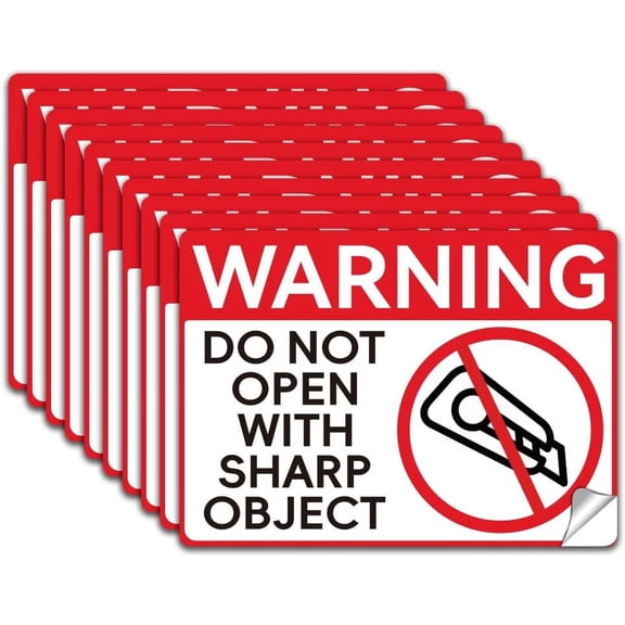10Pcs Do Not Open with Cutting Object Label Decal Sticker PVC Warning Waterproof Safety Sign Stickers Vinyl Adhesive Safety Decal for Shipping Package 7.1x5.1 Inch