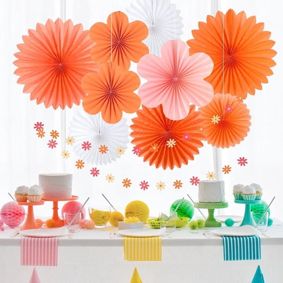 10Pcs Orange Pink Paper Flower Fans and Daisy Paper Garland Banners Backdrops Set for Spring Summer Theme Party Groovy Retro Hippie Birthday Wedding Home Room Shop Showcase Window Decorations