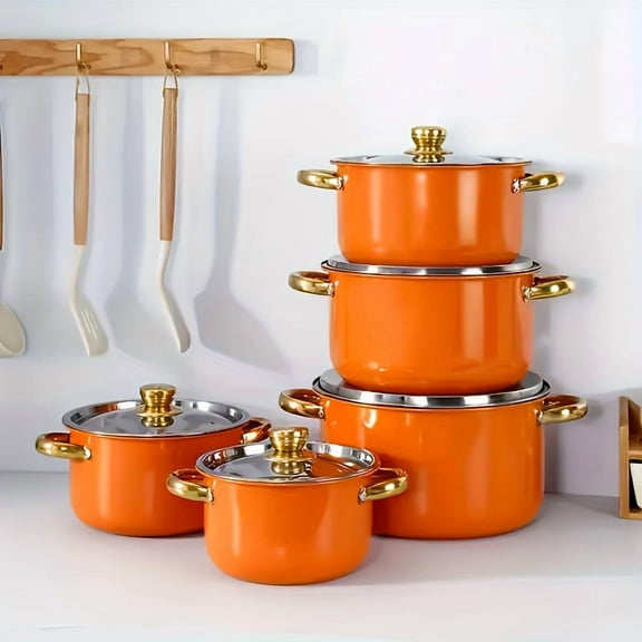 10Pcs Orange Stainless Steel Cookware Set with Lids, Includes Non-Stick Frying Pan Stockpot Milk Pot, Manual Multi Functional Kitchen Cooking Essentials Without Charging Or Batteries