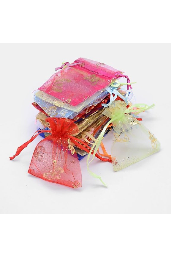 10Pcs Organza Bags Mesh Drawstring Favor Bags 3.5x2.7 Inch Rectangle Jewelry Pouches Gold Stamping Butterfly Gift Bags for Christmas Wedding Birthday Party Bags