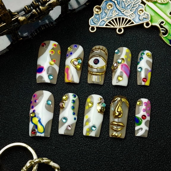10Pcs Original Design Handmade Press-On Nails, Mystical Eye Halloween Colorful Nail Art, Versatile for Daily & Festival Wear