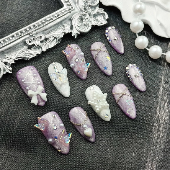 10Pcs Original Design Handmade Shiny Press-On Nails - Purple Glitter Fake Nails with Butterfly & Pearl Accessories, Artisan-Crafted Decorative Nails