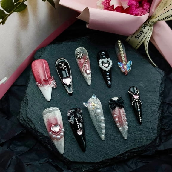 10Pcs Original French-Style Handmade Press-On Nails - Multi-Color Shiny Adhesive Reusable Artificial Nails. Pearl/Butterfly Accents, Ideal for Music Festivals, Stage & Daily/Holidays.