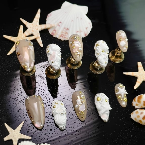 10Pcs Original Ocean-Style Handmade Press-On Nails - Shell/Pearl Medium Almond Multi-Color Adhesive Reusable Artificial Nails. Ideal for Festivals, Stage & Daily/Holidays. Easy-Stick False Nails.