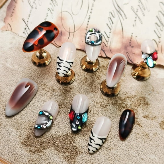 10Pcs Original Retro Color-Block Handmade Press-On Nails - Gem-Adorned Medium Almond Adhesive Reusable Artificial Nails. Ideal for Festivals, Stage & Daily/Holidays. Easy-Stick False Nails.